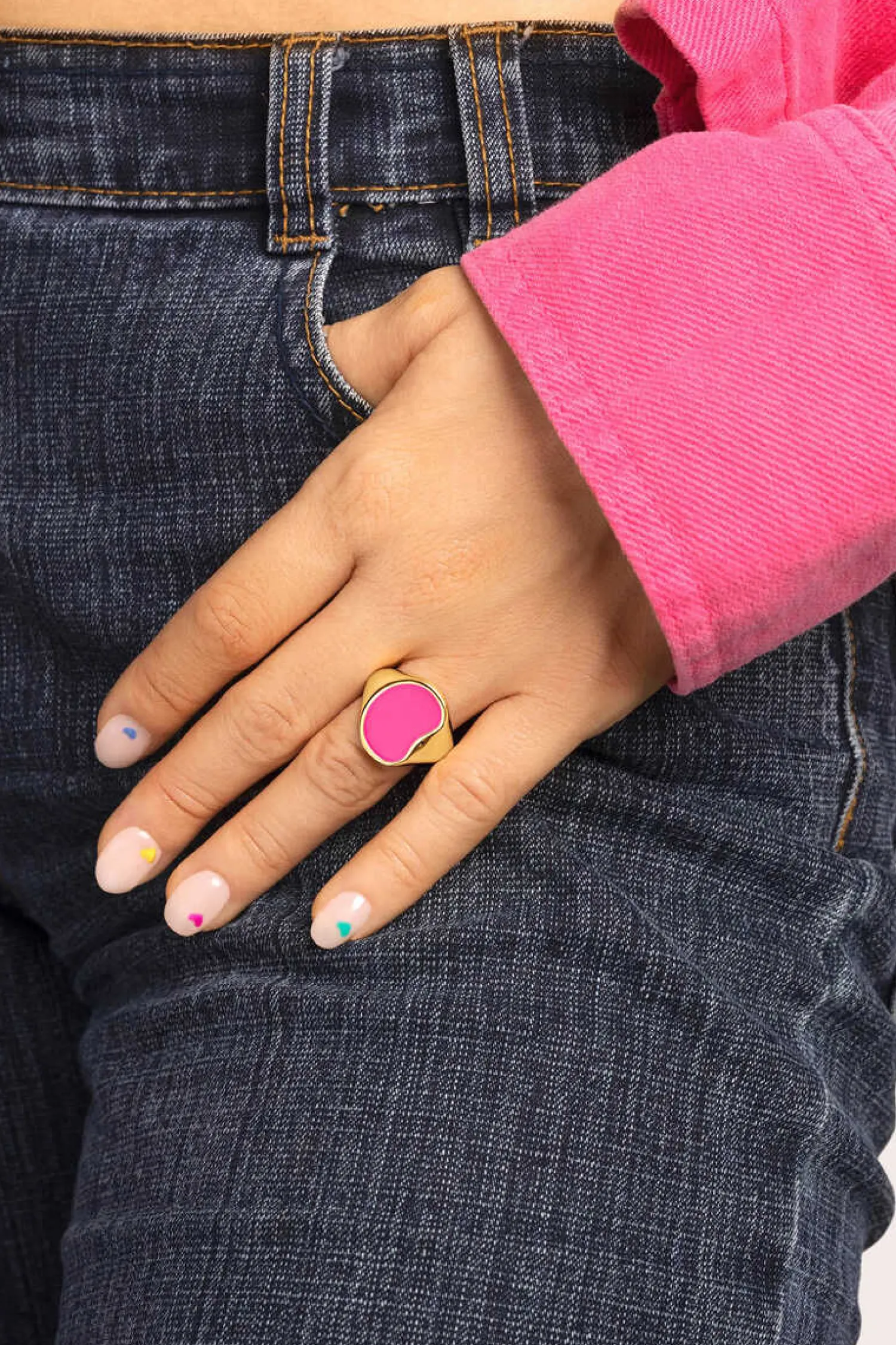 Singularu Bijuteria-Anel Signet Bean Neon Pink Enamel Ouro