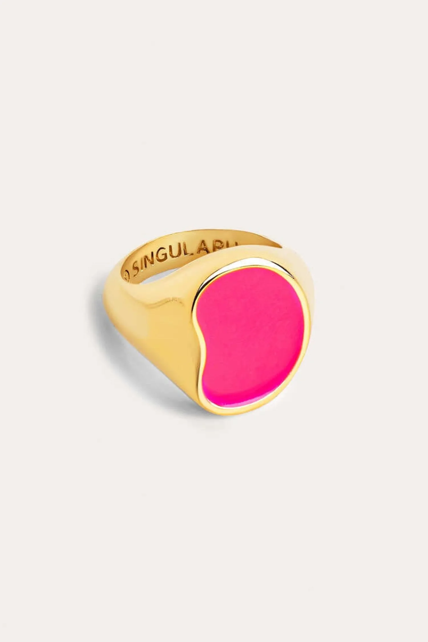 Singularu Bijuteria-Anel Signet Bean Neon Pink Enamel Ouro