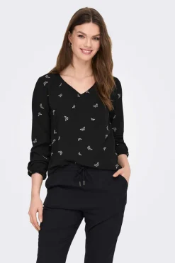 Only Camisas E Blusas-Blusa De Manga Comprida Estampada E Gola Redonda