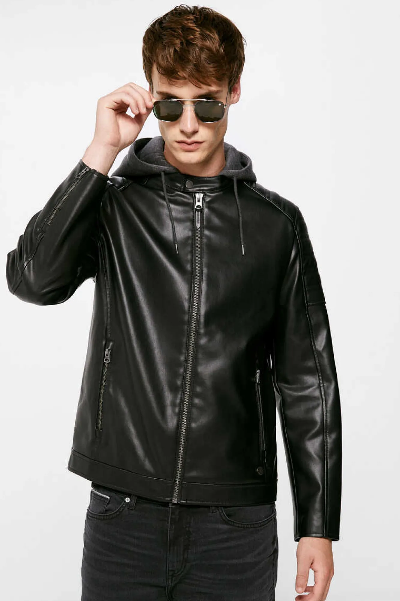 Springfield Blusao Motard Efeito Pele Capuz Preto Hot