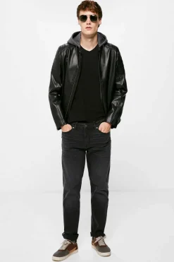 Springfield Blusao Motard Efeito Pele Capuz Preto Hot