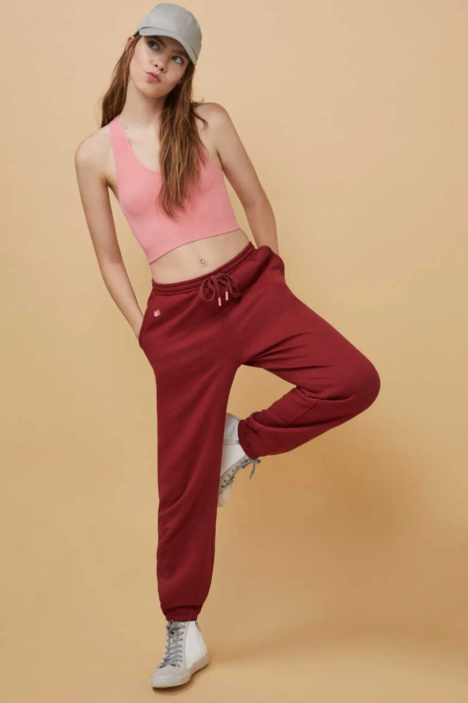 HI&BYE Calcas-Calcas Compridas Jogger Felpa Vermelha