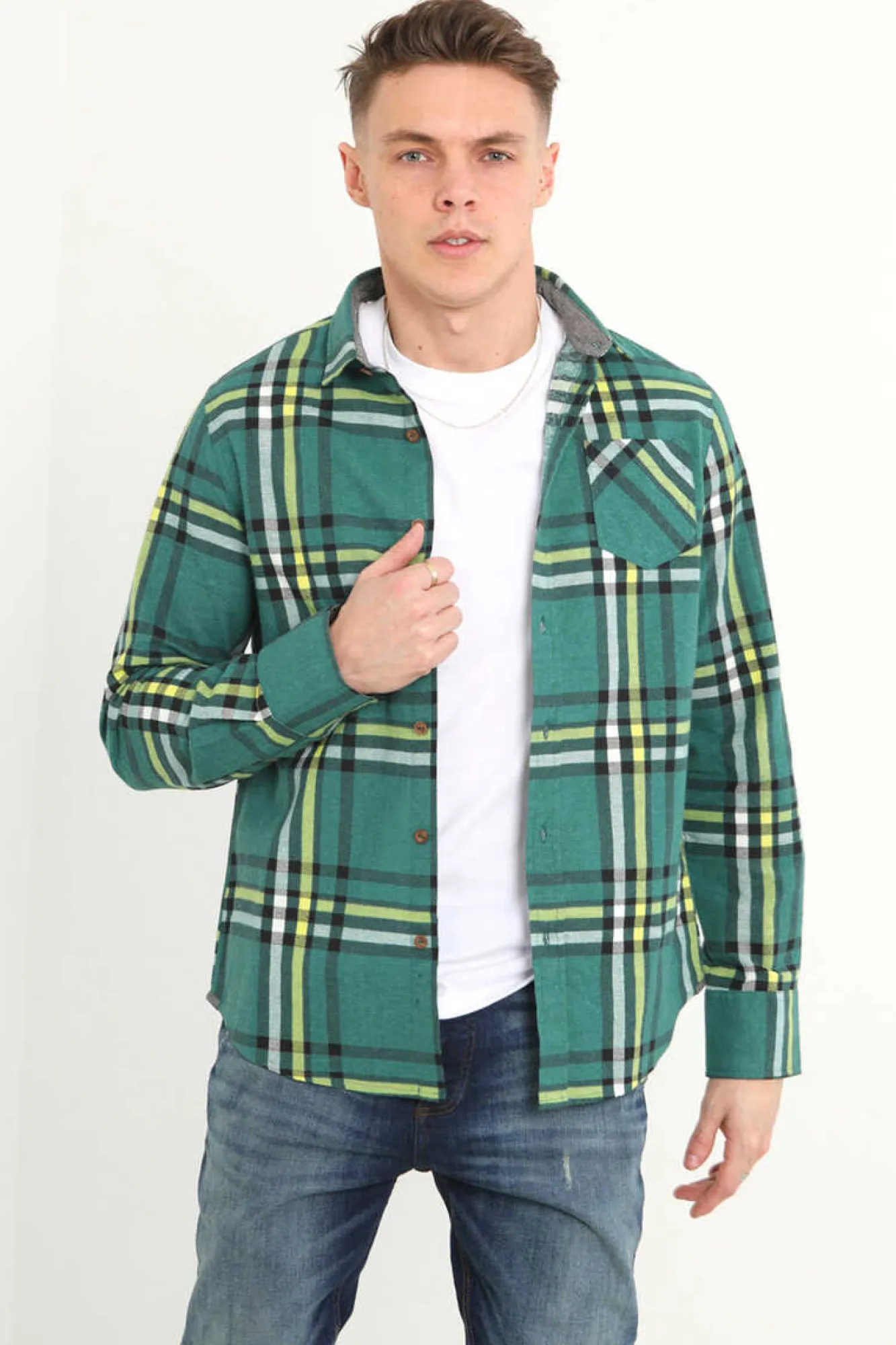 Brave Soul Camisa Aos Quadrados Com Bolso Verde Clearance