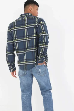 Brave Soul Camisa Aos Quadrados Com Bolso Marinho Discount