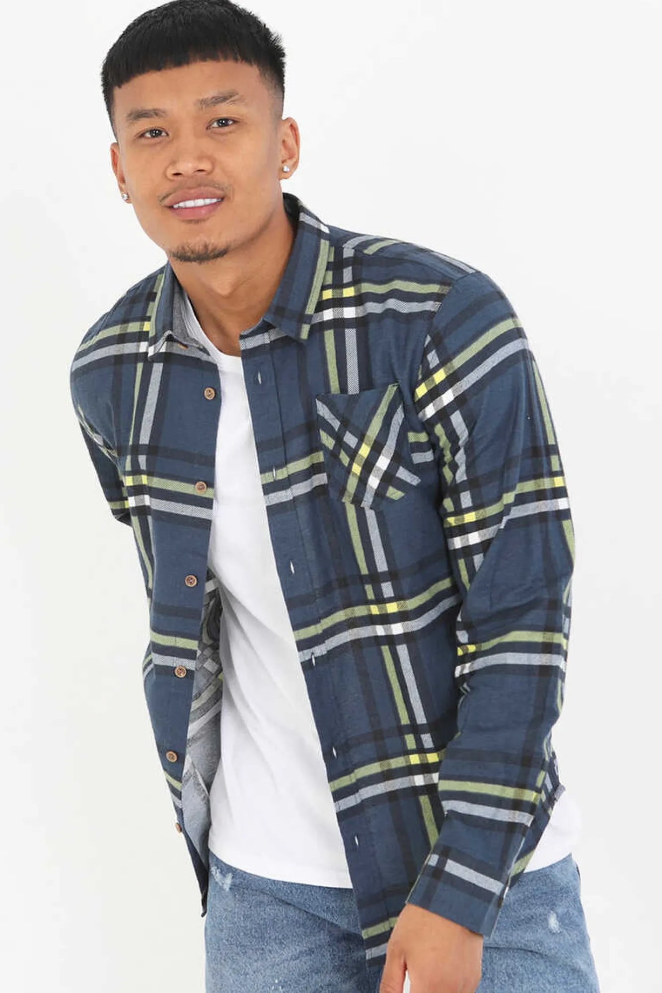 Brave Soul Camisa Aos Quadrados Com Bolso Marinho Discount