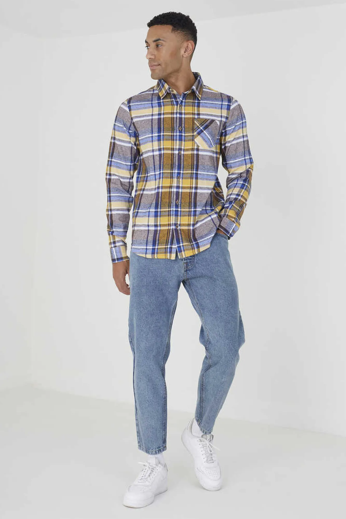 Brave Soul Camisa Aos Quadrados Com Bolso Natural New