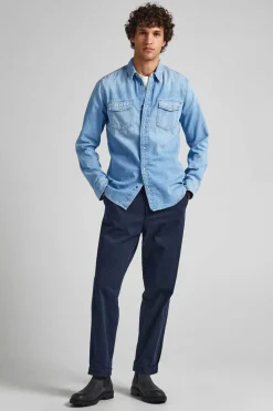 Pepe Jeans Camisa De Ganga Slim Fit Azulado Best