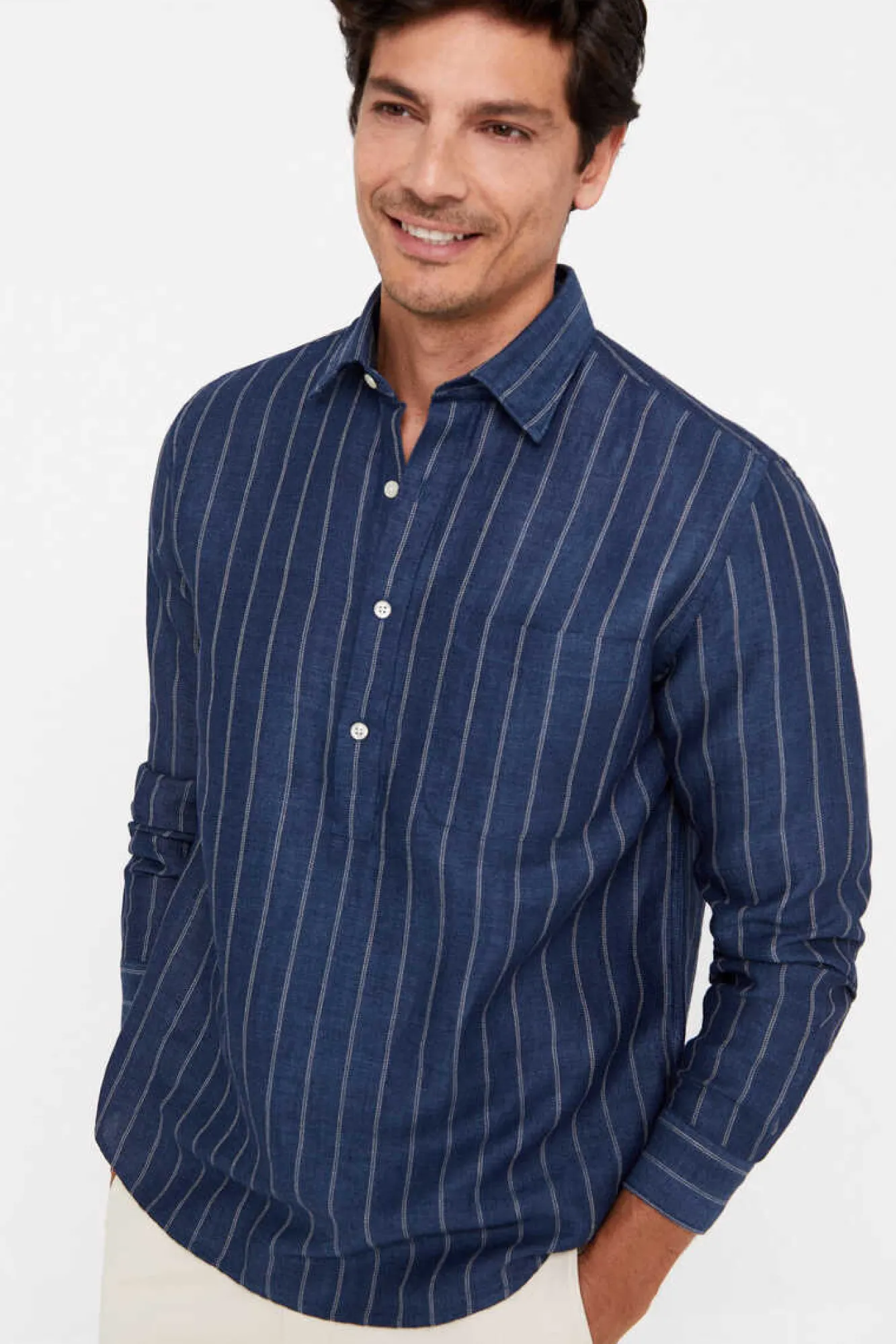 Cortefiel Camisa Polo Riscas Linho Algodao Azul Discount