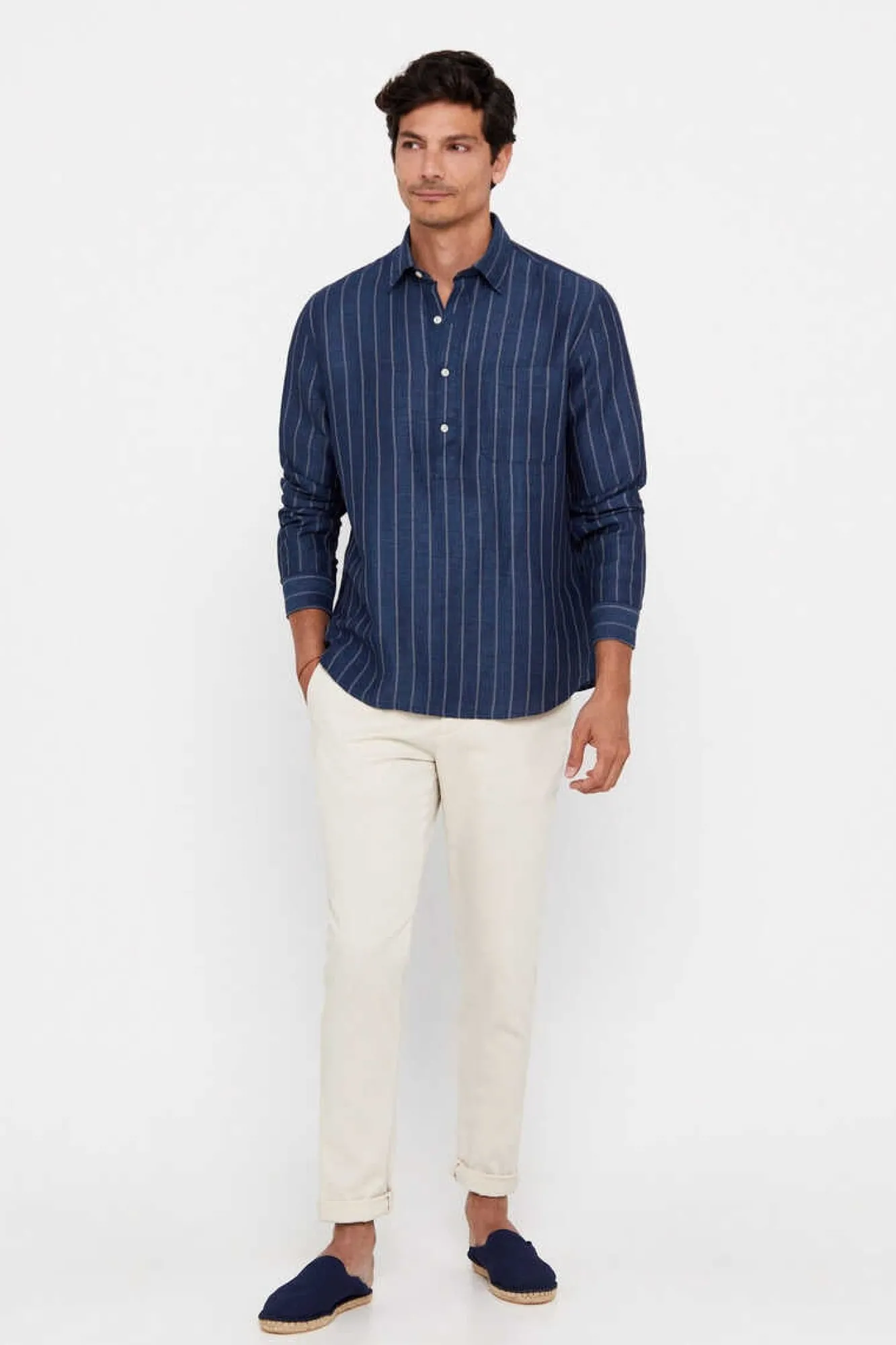 Cortefiel Camisa Polo Riscas Linho Algodao Azul Discount