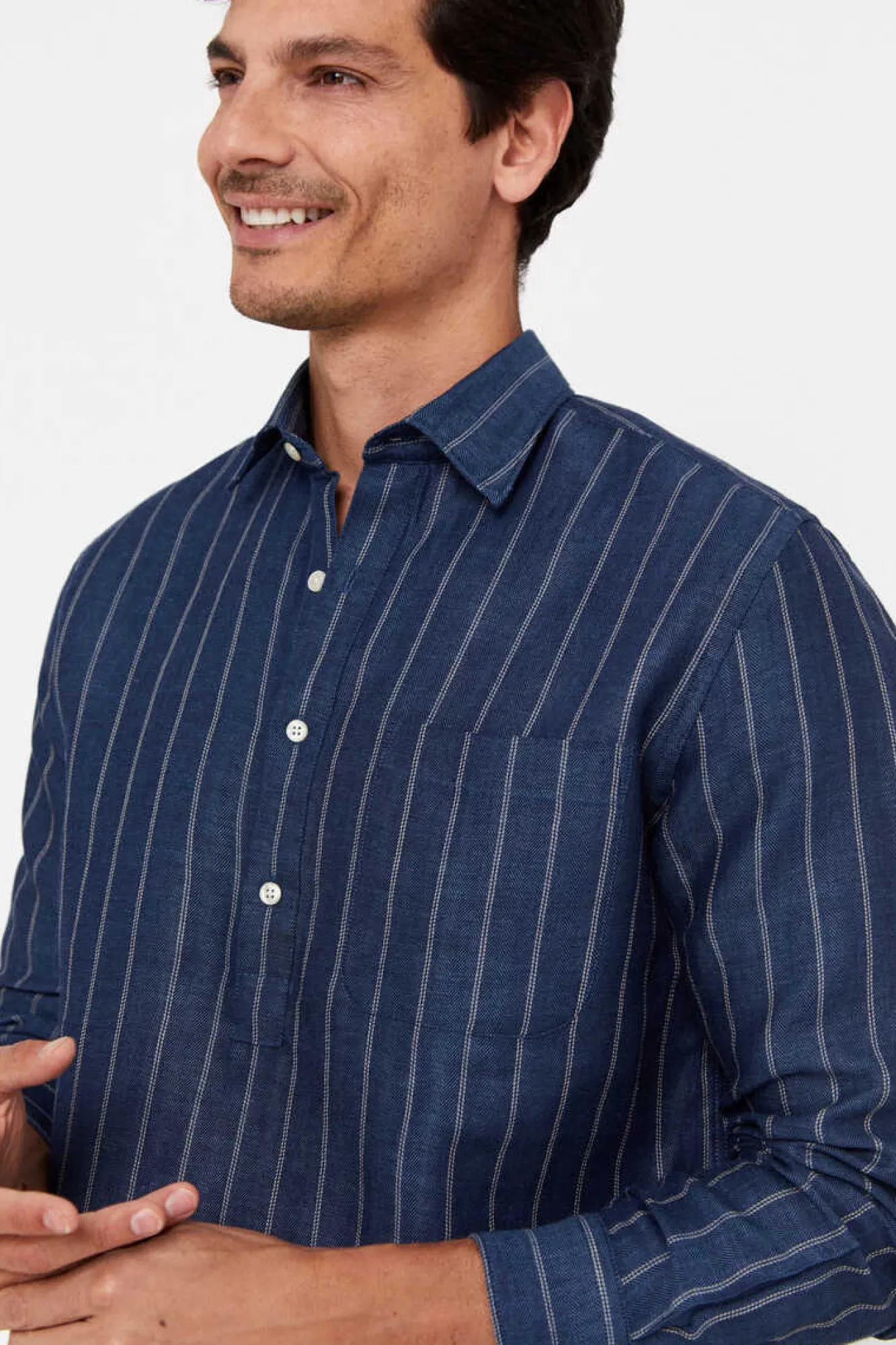 Cortefiel Camisa Polo Riscas Linho Algodao Azul Discount