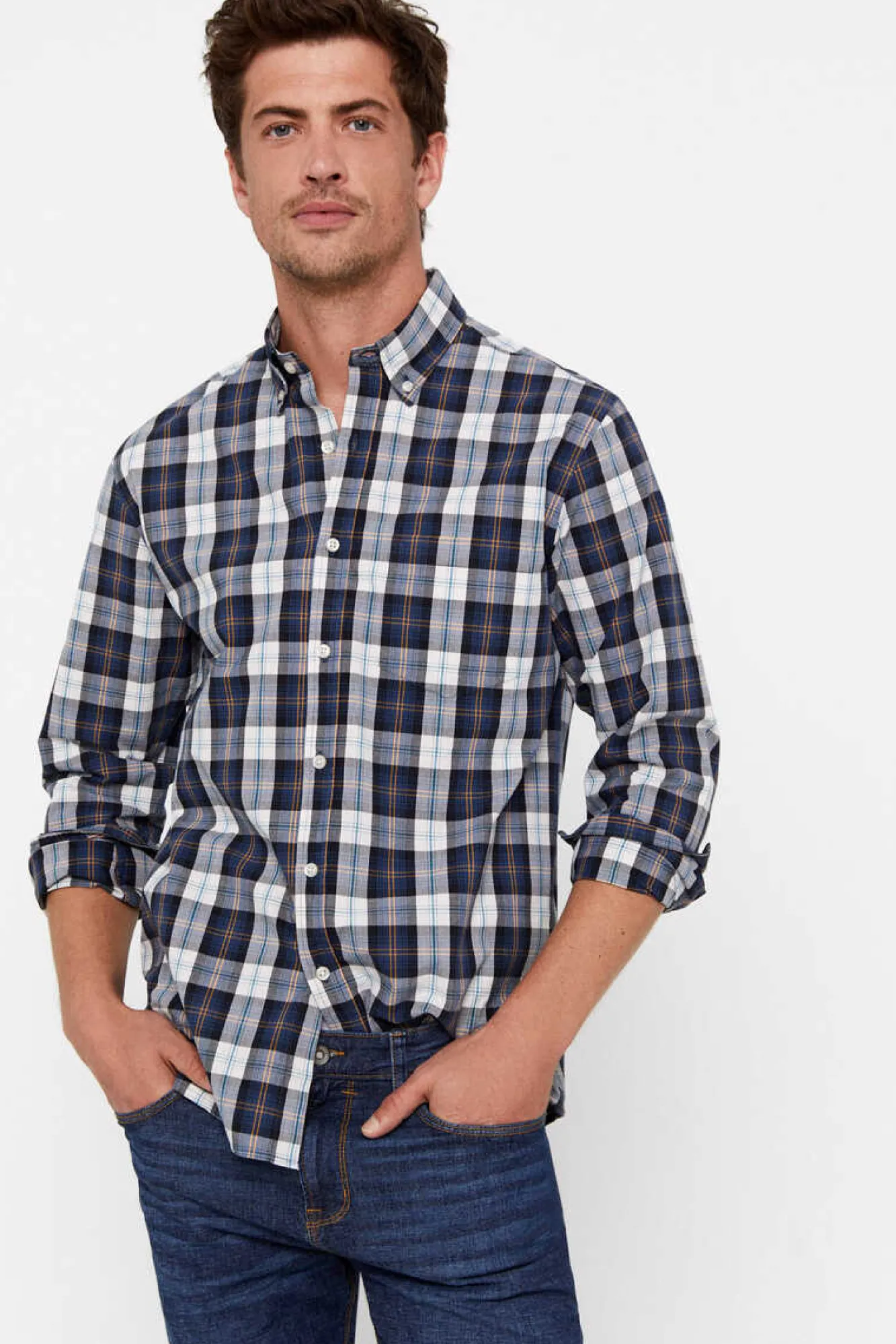 Cortefiel Camisa Quadrados Facil De Engomar Azul Clearance