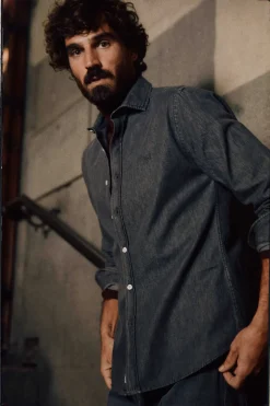 Ooto Camisa Slim Denim Manga Comprida Cinzento Sale