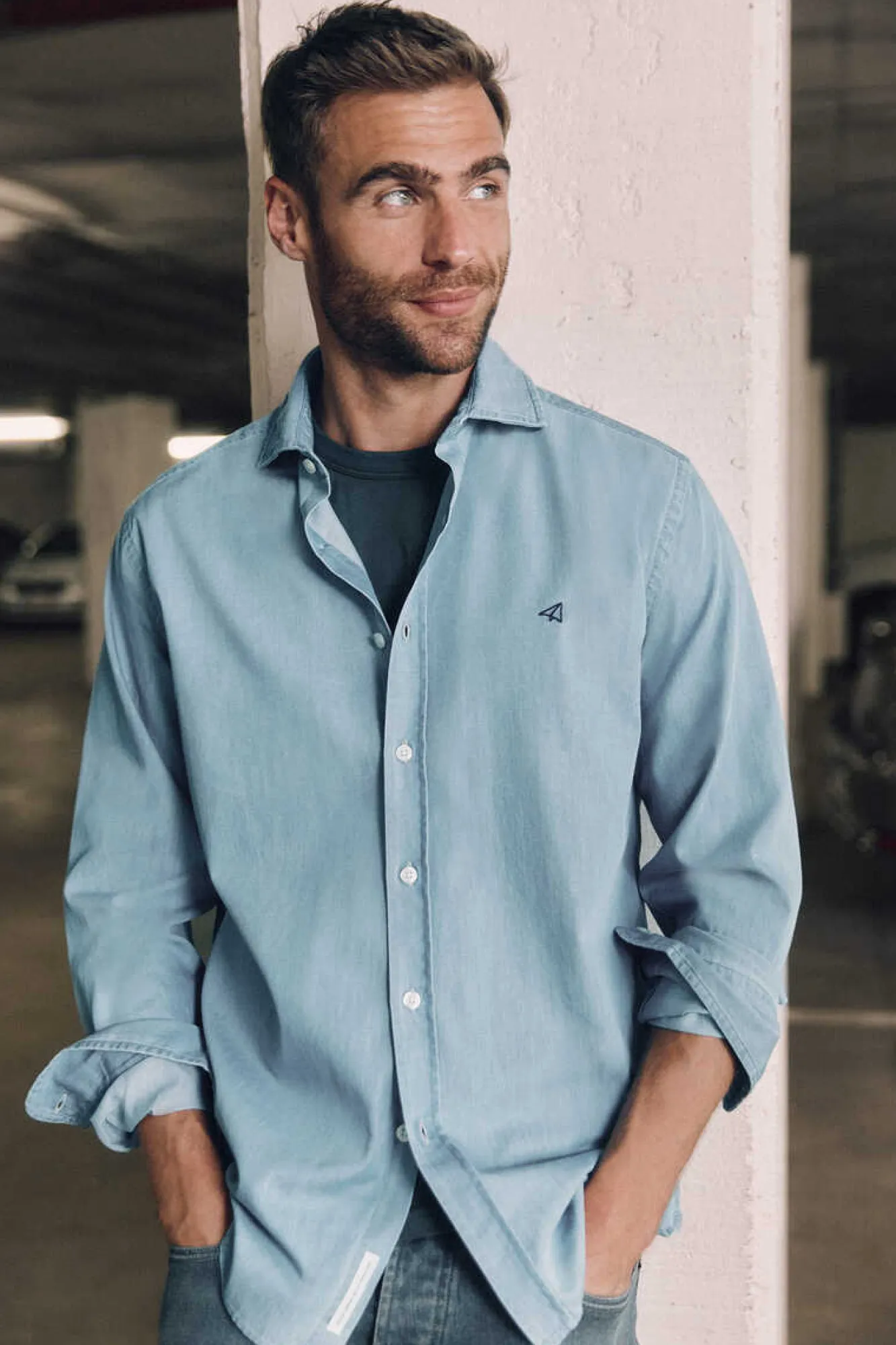 Ooto Camisa Slim Denim Manga Comprida Azul