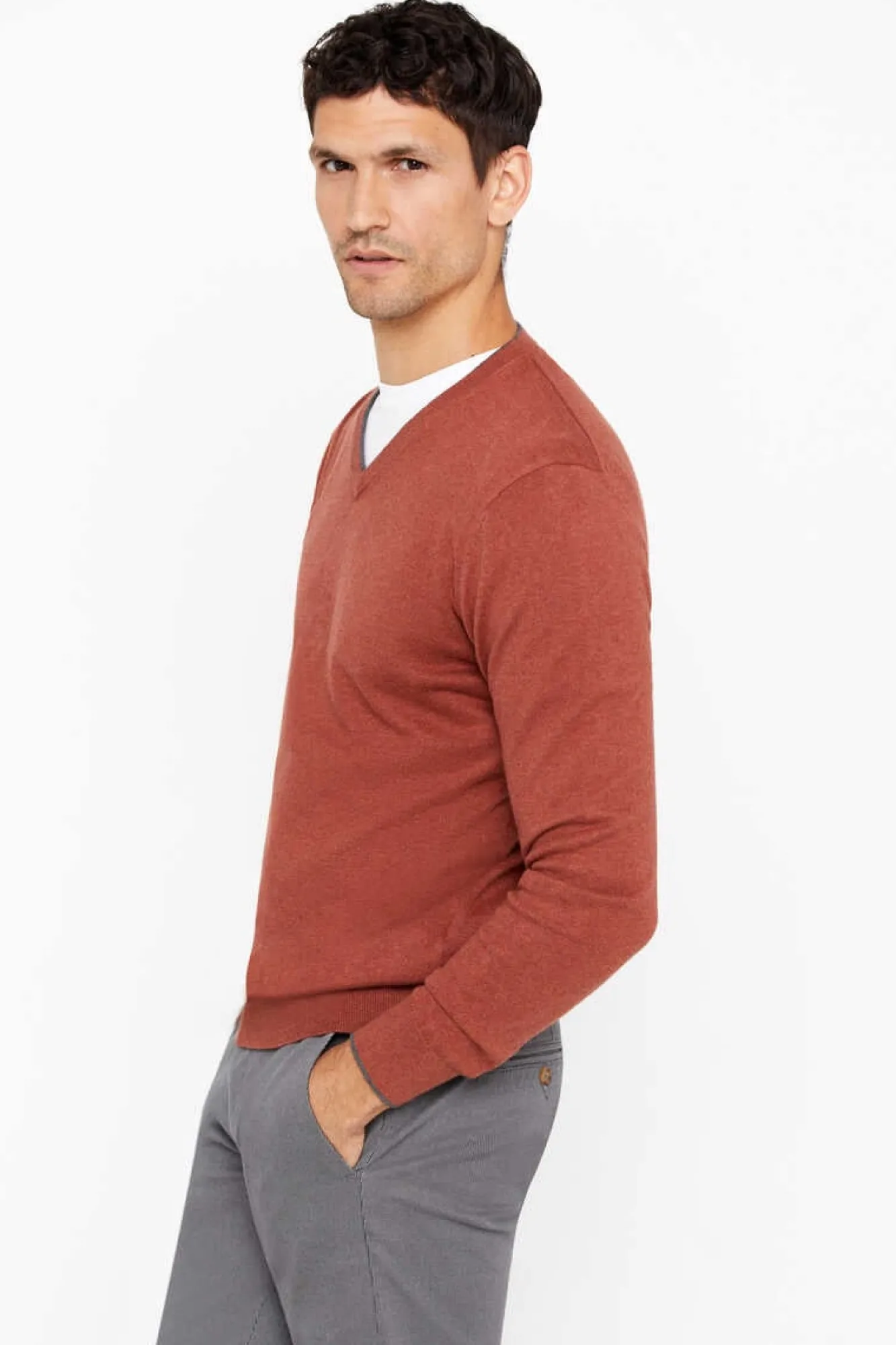 Cortefiel Camisola Algodao Caxemira Gola Em Bico Castanho Clearance