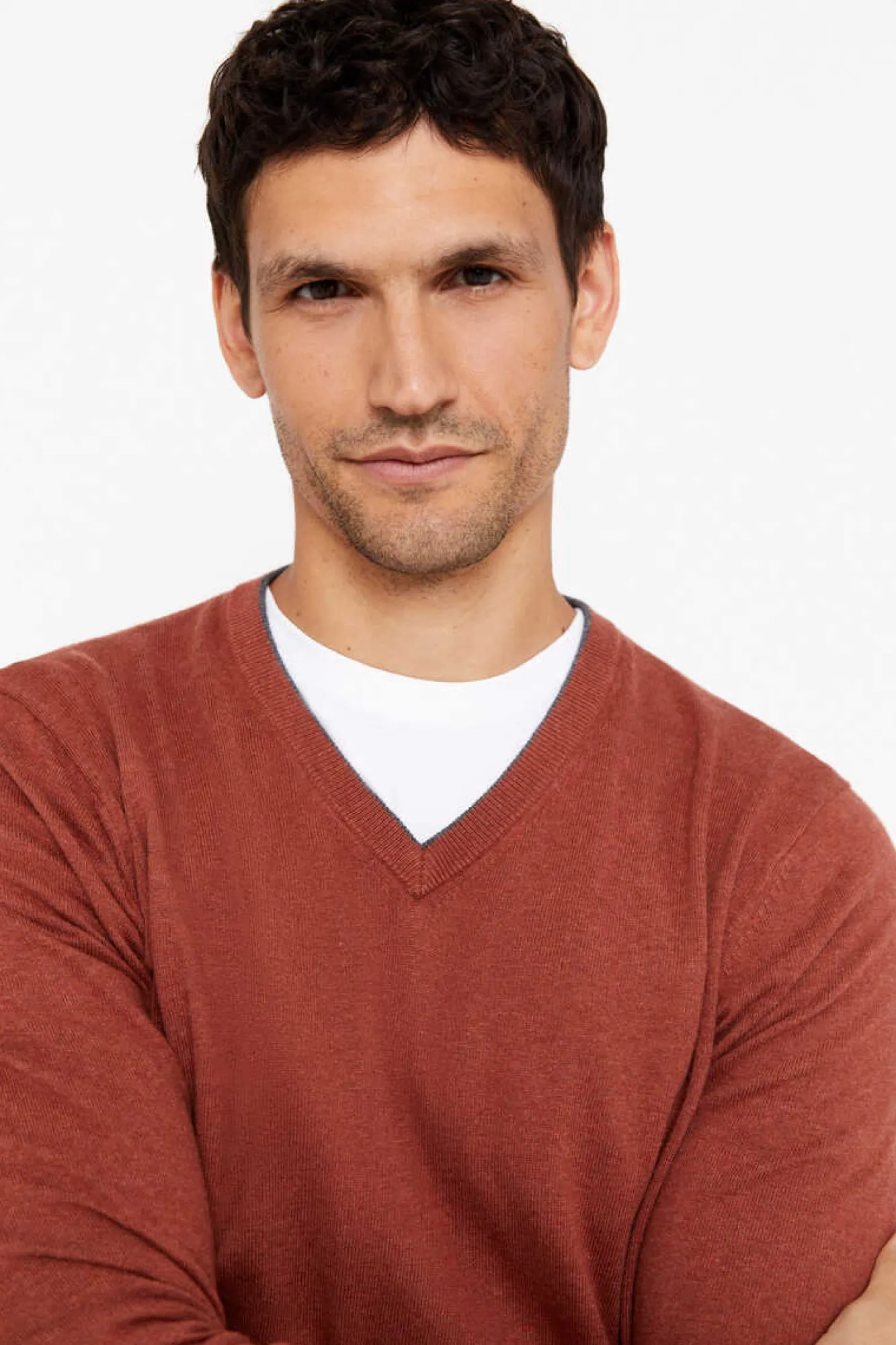 Cortefiel Camisola Algodao Caxemira Gola Em Bico Castanho Clearance