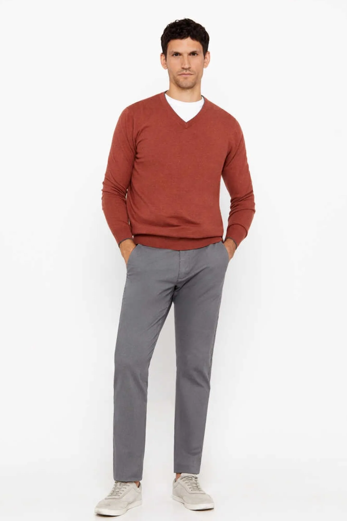 Cortefiel Camisola Algodao Caxemira Gola Em Bico Castanho Clearance