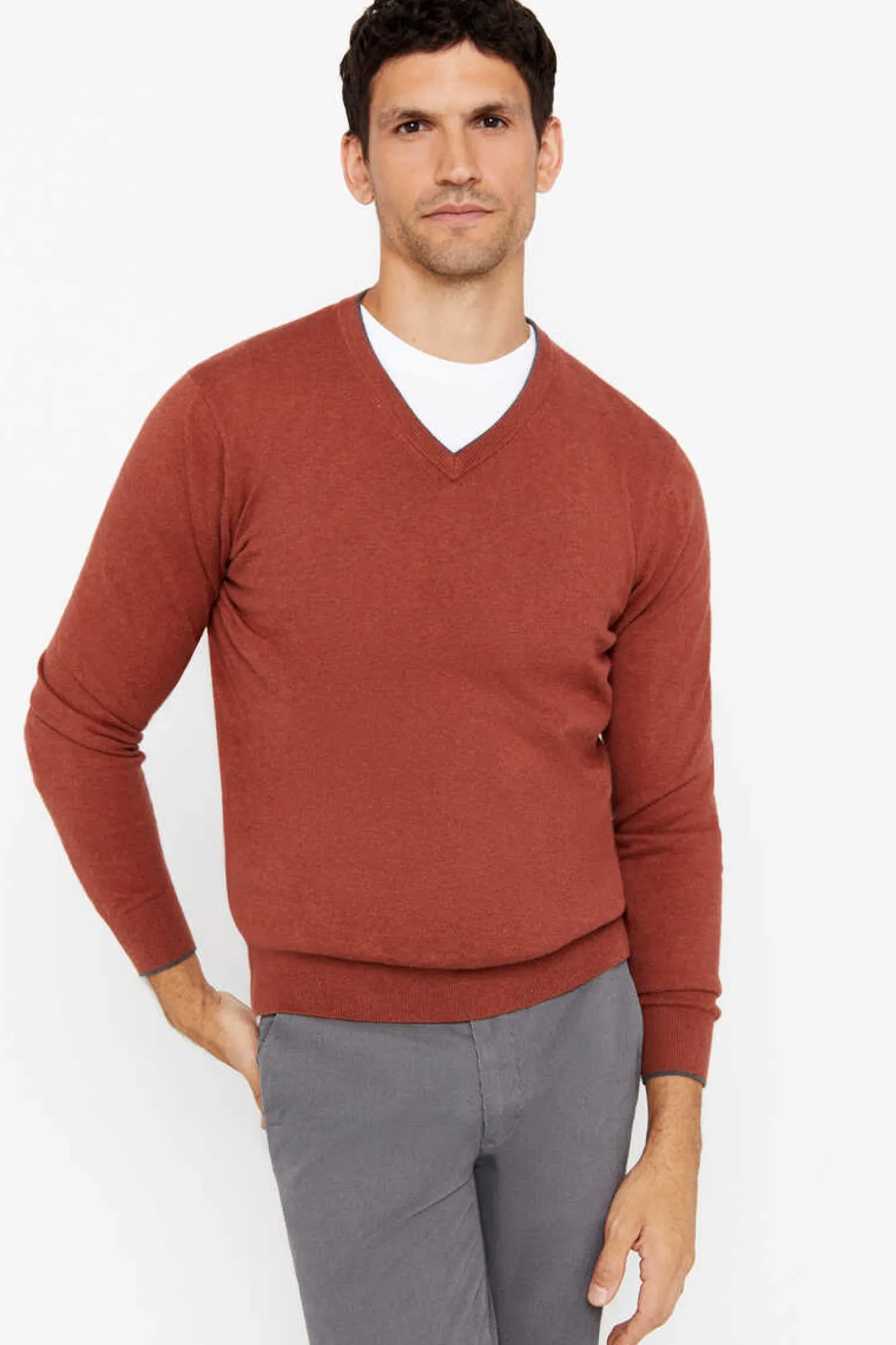 Cortefiel Camisola Algodao Caxemira Gola Em Bico Castanho Clearance