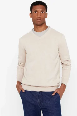 Cortefiel Camisola Algodao Caxemira Gola Em Bico Tostado