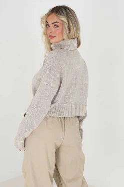 Brave Soul Sueteres E Cardigans-Camisola Cropped Jaspeada Com Gola Alta