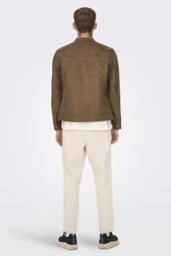 Only & Sons Casaco Biker Efeito Camurca Castanho Clearance