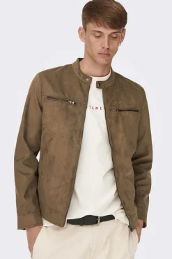 Only & Sons Casaco Biker Efeito Camurca Castanho Clearance