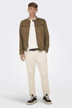 Only & Sons Casaco Biker Efeito Camurca Castanho Clearance