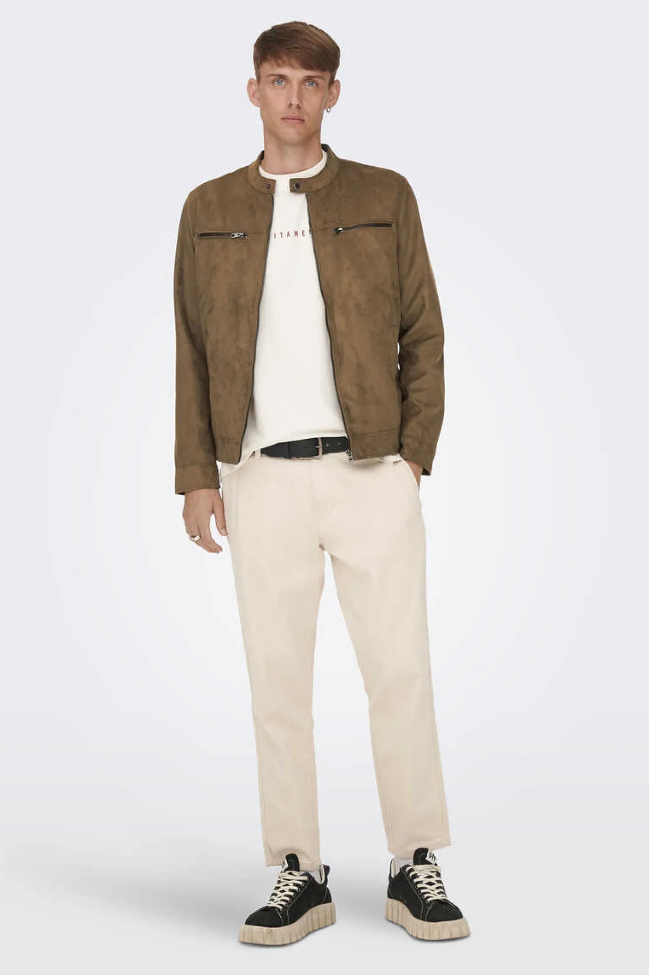 Only & Sons Casaco Biker Efeito Camurca Castanho Clearance