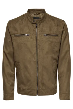 Only & Sons Casaco Biker Efeito Camurca Castanho Clearance