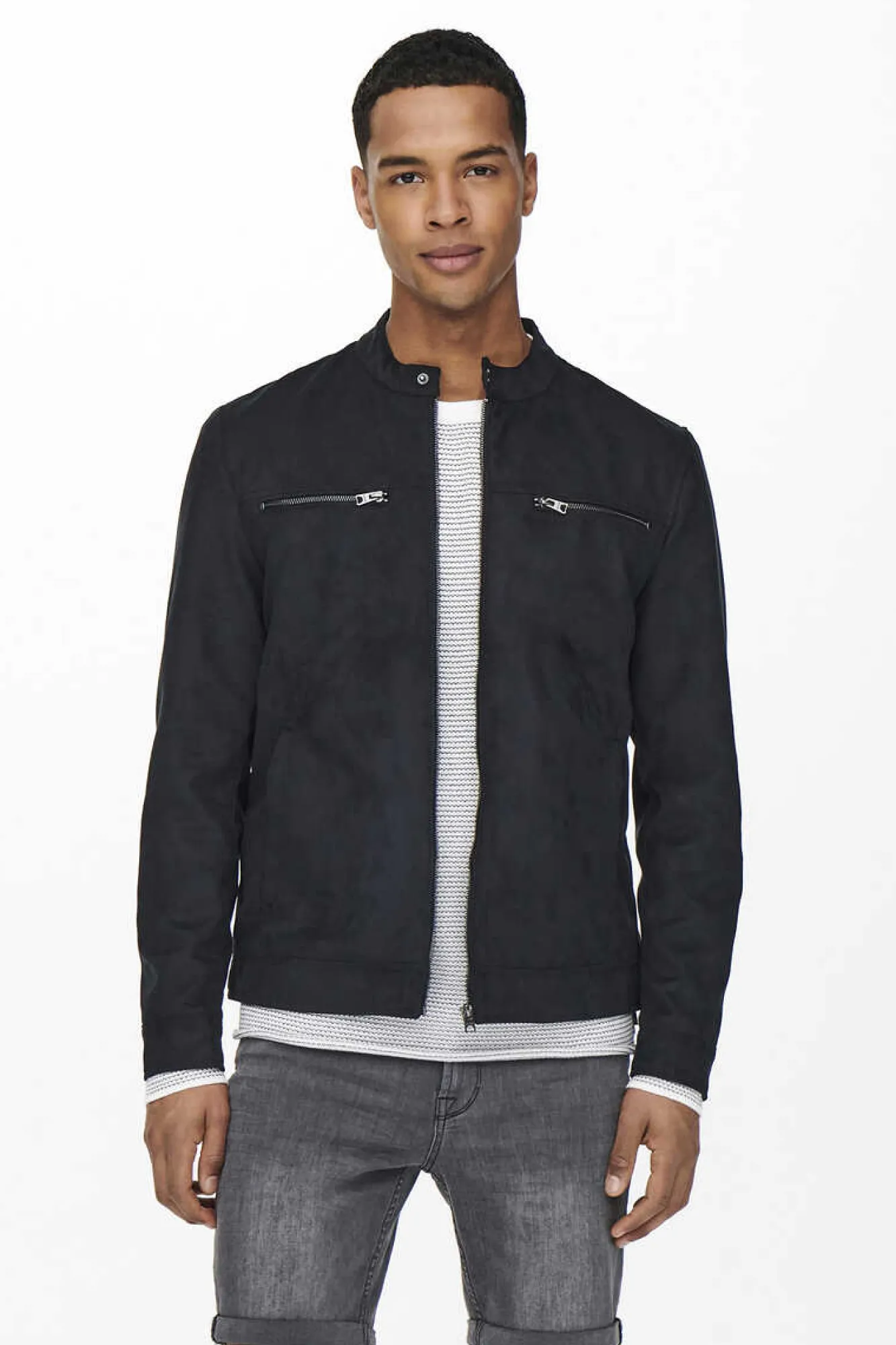 Only & Sons Casaco Biker Efeito Camurca Preto Discount