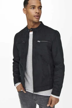 Only & Sons Casaco Biker Efeito Camurca Preto Discount