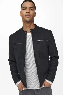 Only & Sons Casaco Biker Efeito Camurca Preto Discount