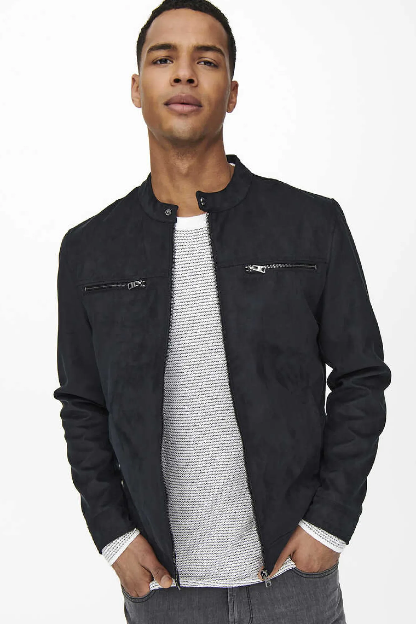 Only & Sons Casaco Biker Efeito Camurca Preto Discount