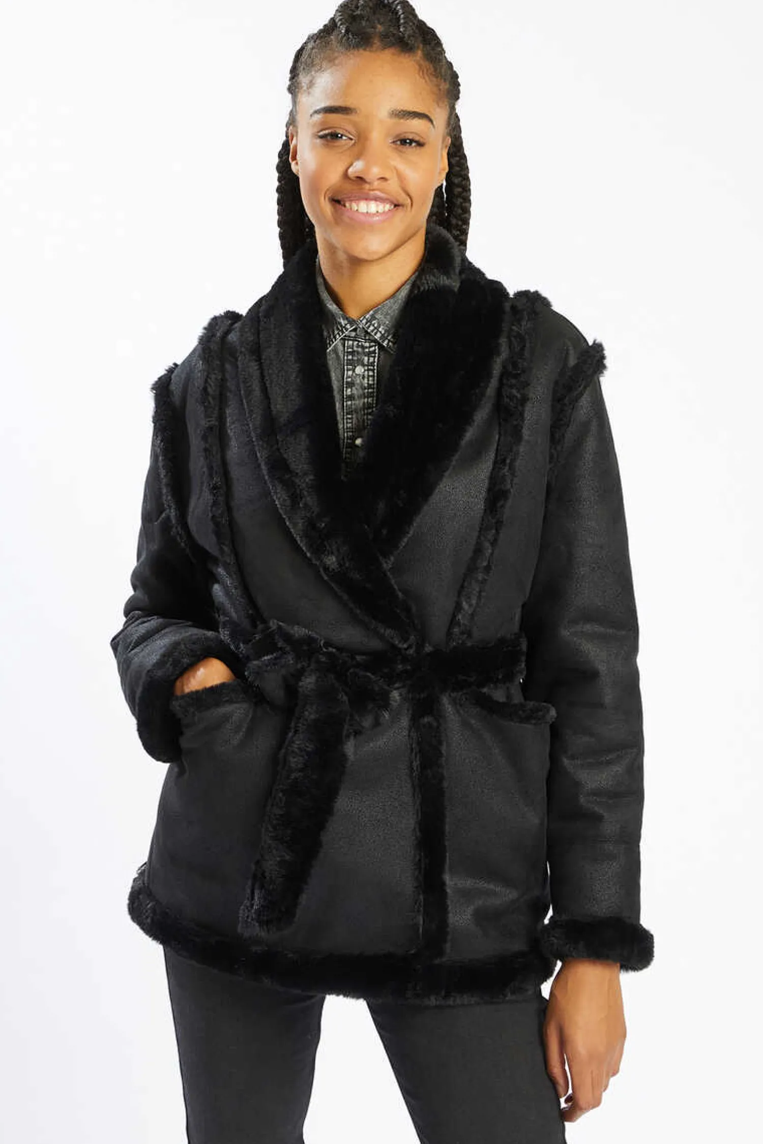 Pimkie Blusoes E Casacos-Casaco De Dois Tecidos Com Cinto