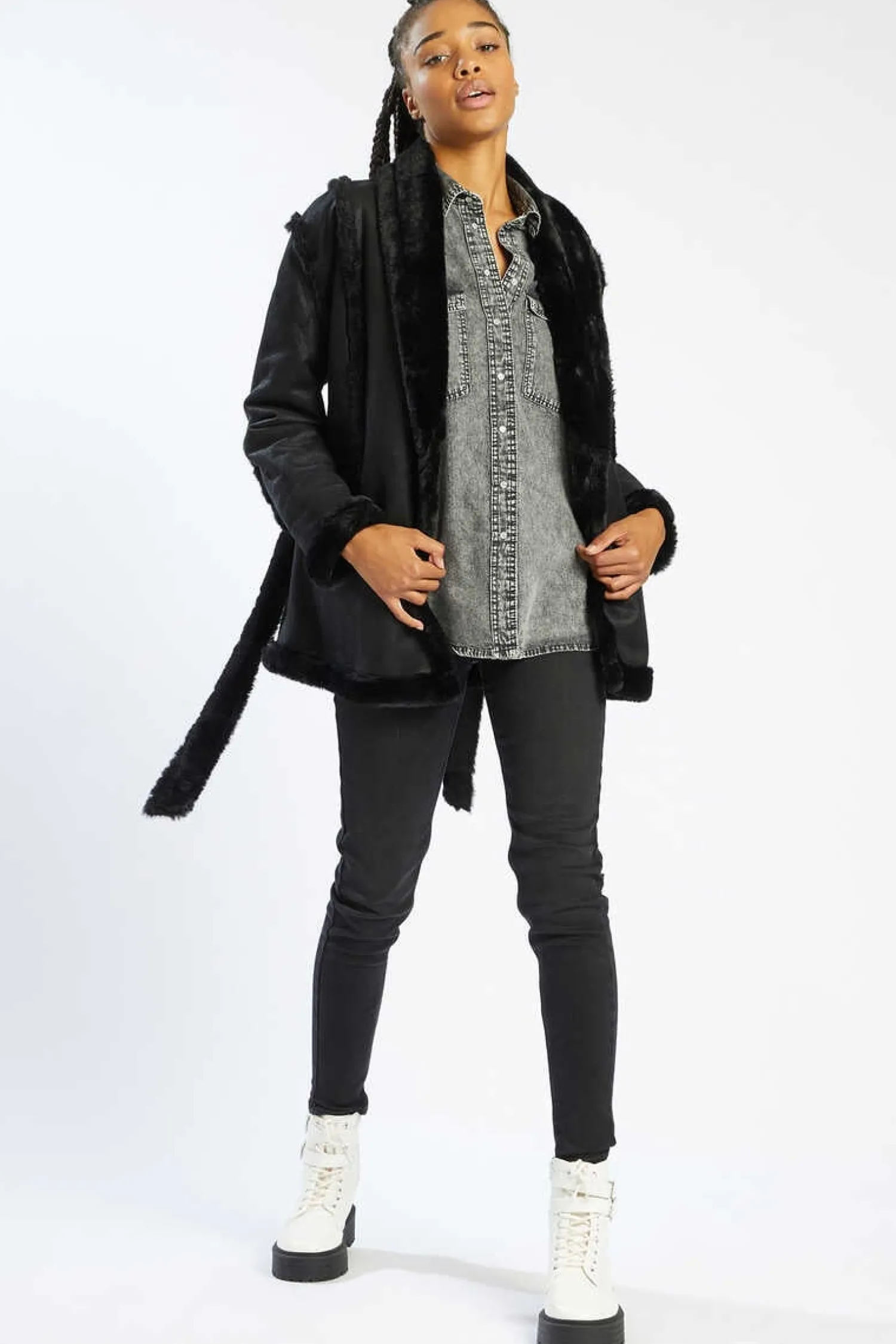 Pimkie Blusoes E Casacos-Casaco De Dois Tecidos Com Cinto