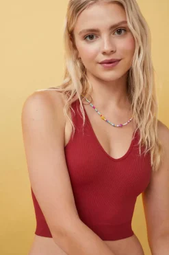 HI&BYE T-Shirts E Tops-Crop Top Decote V Sem Costuras Bordo