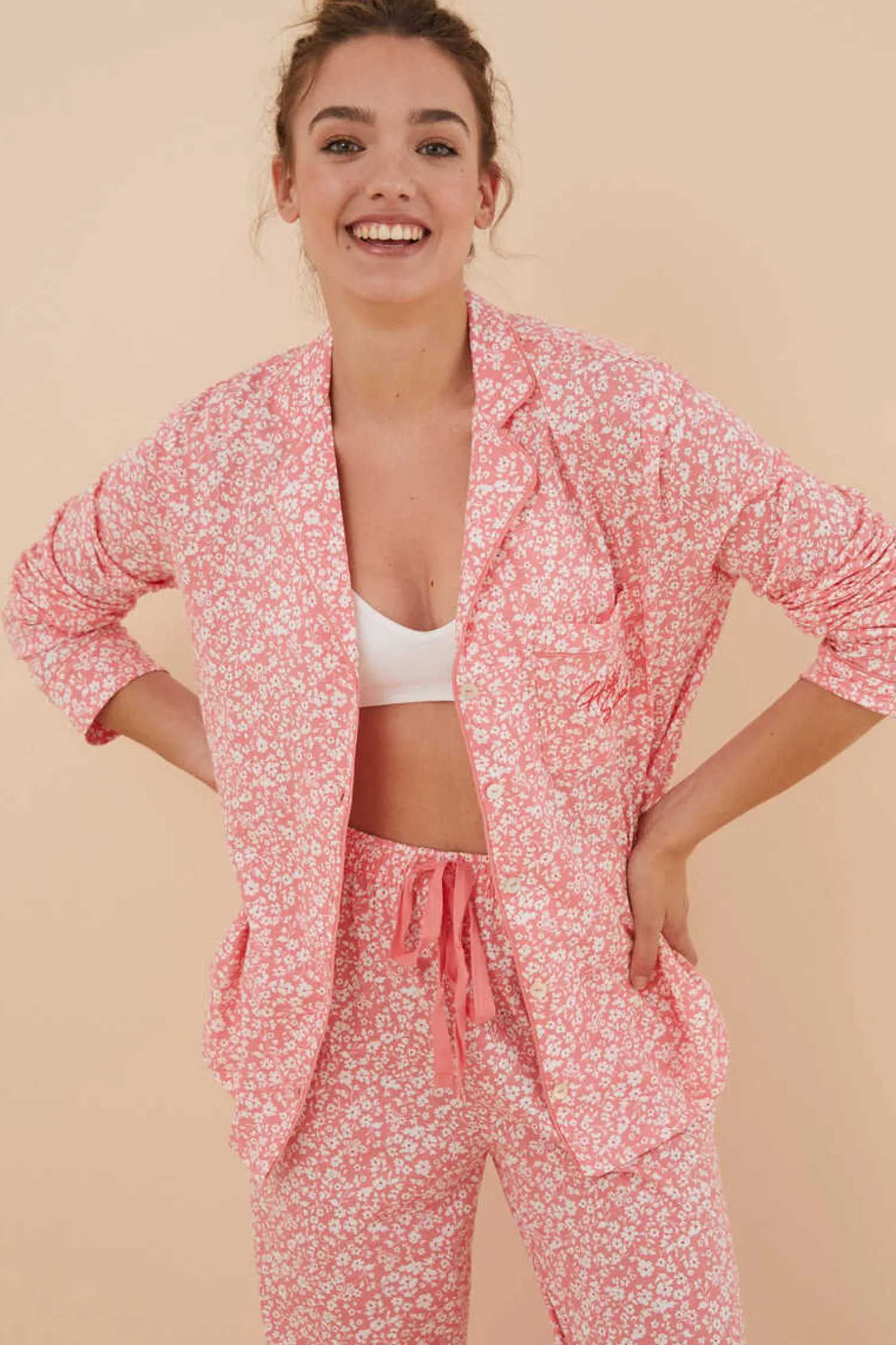 Women'secret Pijamas-Pijama Camiseiro 100% Algodao Flores Coral