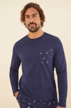 Women'secret Pijama Comprido De Homem 100% Algodao Pesca Azul New