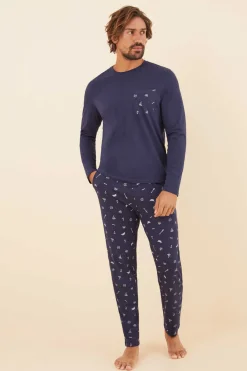 Women'secret Pijama Comprido De Homem 100% Algodao Pesca Azul New