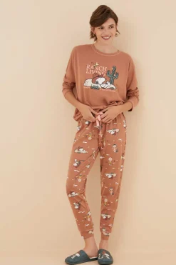 Women'secret Pijamas-Pijama De 100% Algodao Do Snoopy Em Castanho-Alaranjado