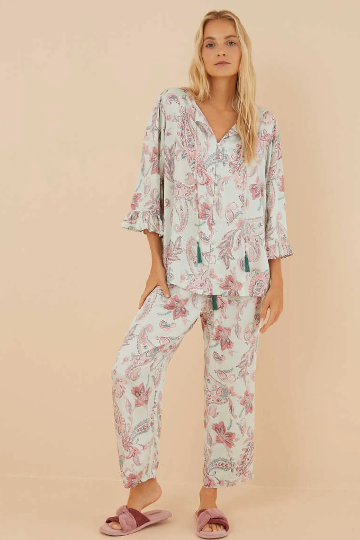 Women'secret Pijamas-Pijama Paisley Manga Curta Folho Calcas Capri