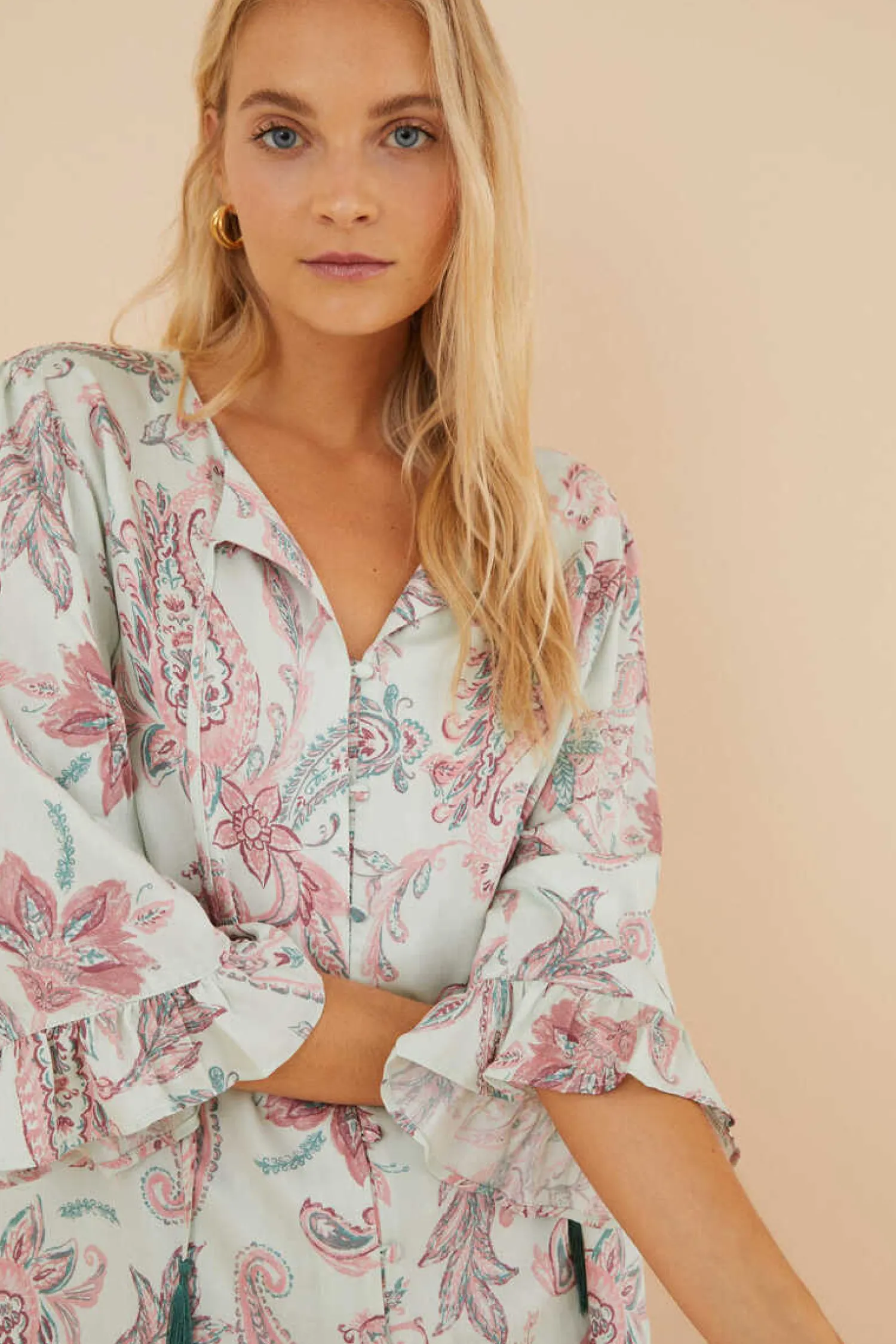 Women'secret Pijamas-Pijama Paisley Manga Curta Folho Calcas Capri