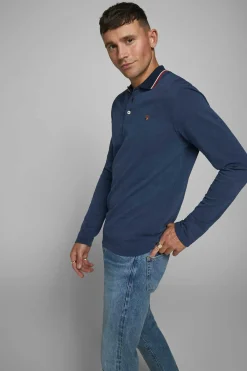 Jack & Jones Polo Manga Comprida Faixa Contraste Marinho Clearance