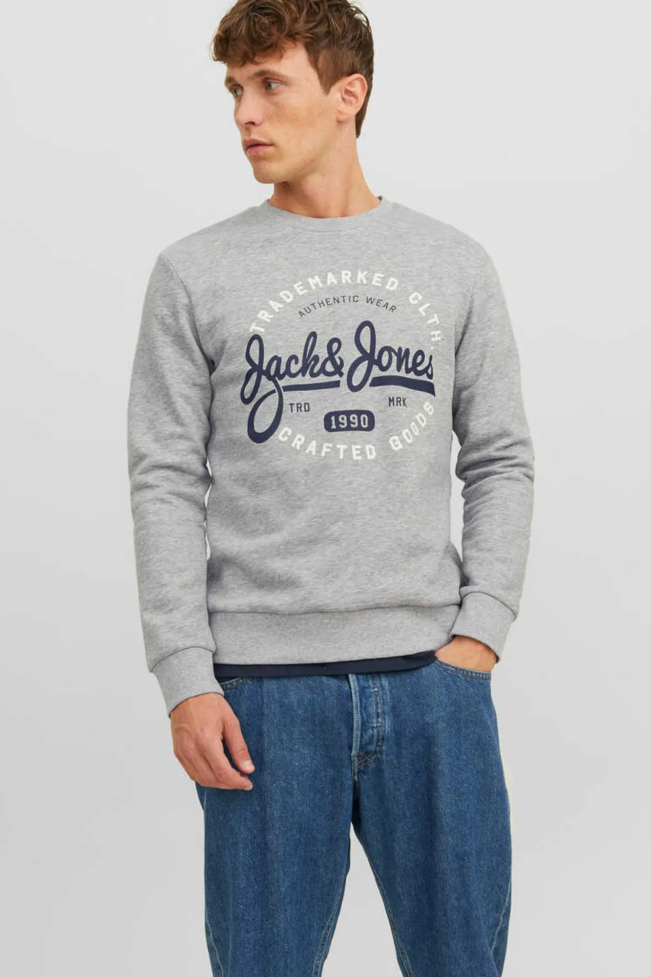 Jack & Jones Sweatshirt Gola Redonda Print Logo Cinzento New