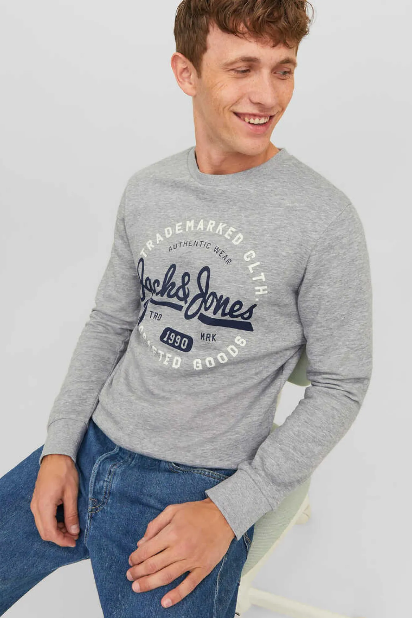 Jack & Jones Sweatshirt Gola Redonda Print Logo Cinzento New
