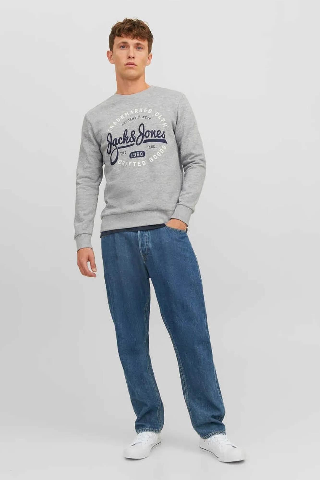 Jack & Jones Sweatshirt Gola Redonda Print Logo Cinzento New