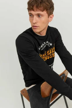 Jack & Jones Sweatshirt Gola Redonda Print Logo Preto