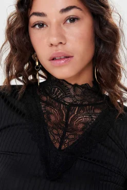 JDY T-Shirts-Top Canelado Detalhe De Renda