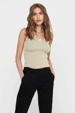 Only T-Shirts-Top De Alcas Decote Bico Com Linho