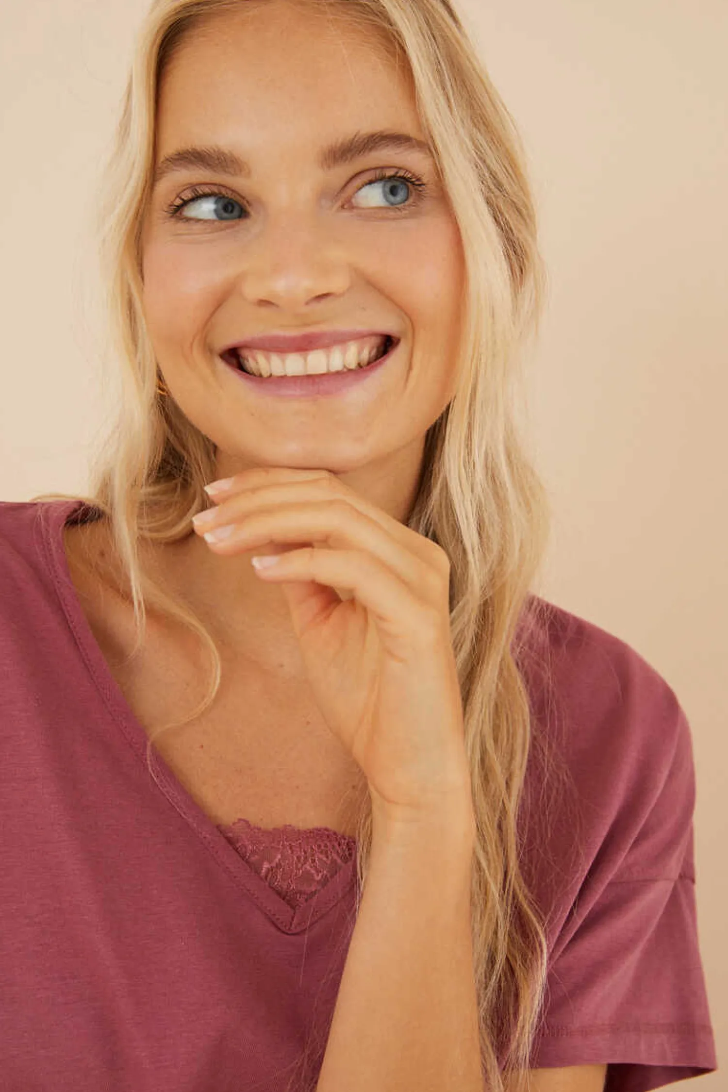 Women'secret Pijamas-T-Shirt 100% Algodao Em Grena Com Renda, De Manga Curta