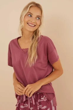 Women'secret Pijamas-T-Shirt 100% Algodao Em Grena Com Renda, De Manga Curta